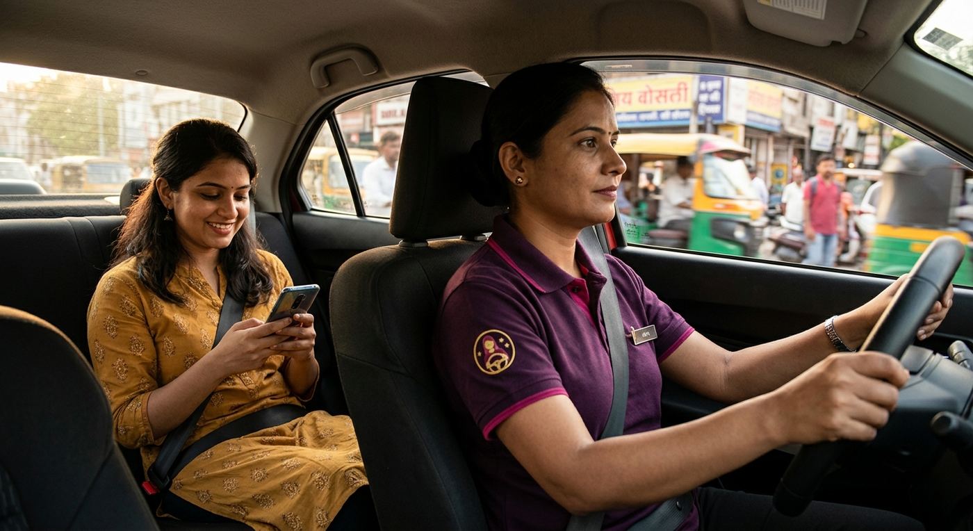 Woman passenger using HerDrive app